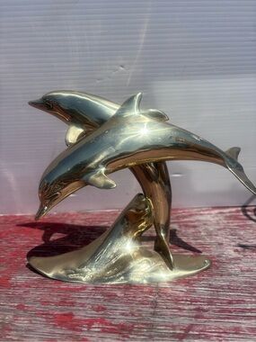 Brass Dolphin Sculpture 2 dolphin mid century solid brass